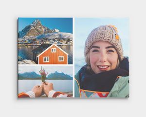Un collage su tela con due immagini orizzontali e una foto di una persona che sorride.