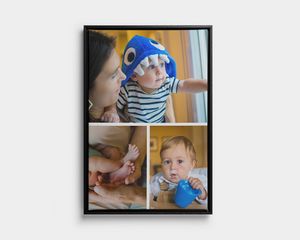 Tela collage con cornice con tre foto di un bambino piccolo