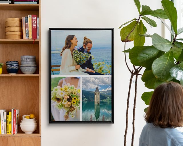 Un collage su una decorazione da parete incorniciata con tre foto di matrimonio.