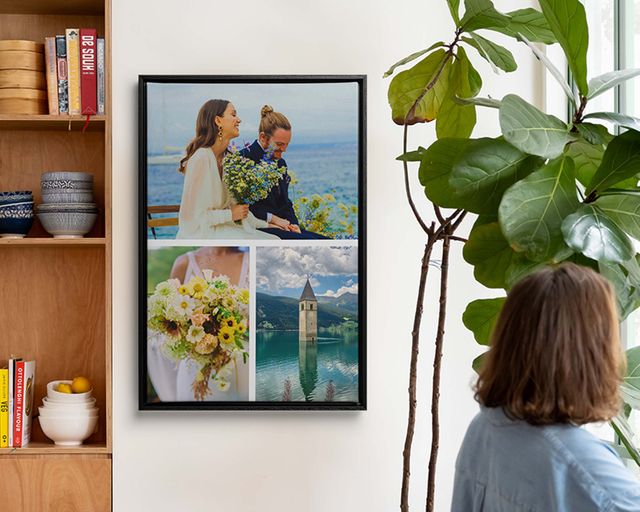 Una stampa collage con cornice appesa a una parete con foto di matrimonio.