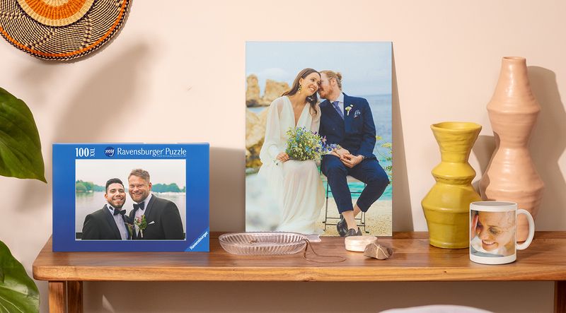 Regali di matrimonio personalizzati Photobox: decorazioni da parete, tazze e puzzle.