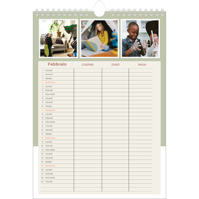 Calendario famiglia A4 verticale — Calendario cornici color terra - Famiglia di 3 [Febbraio]