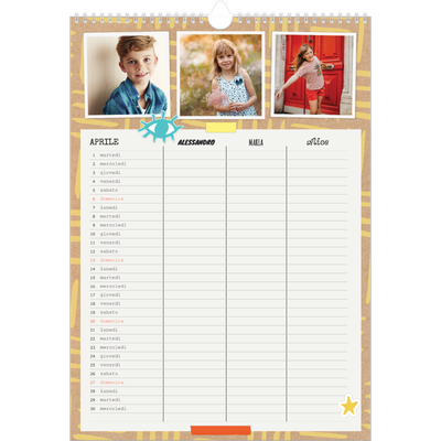 Calendario famiglia A3 verticale — Calendario rustico - Famiglia di 3 [Aprile]