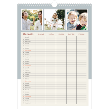 Calendario personalizzato A3 — Calendario cornici color terra - Famiglia di 5