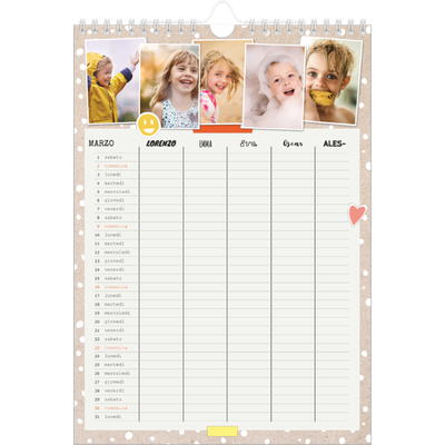 Calendario famiglia A4 verticale — Calendario rustico - Famiglia di 5 [Marzo]
