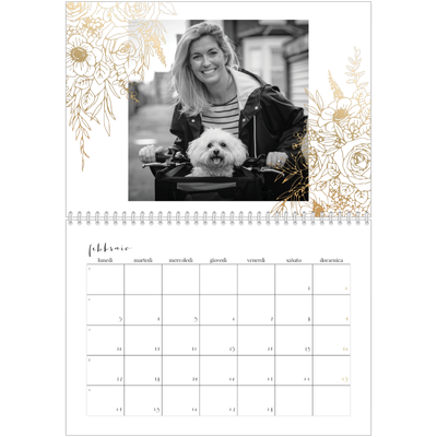 Calendario A4 Doppio — Disegni a linee floreali d'oro [Febbraio]