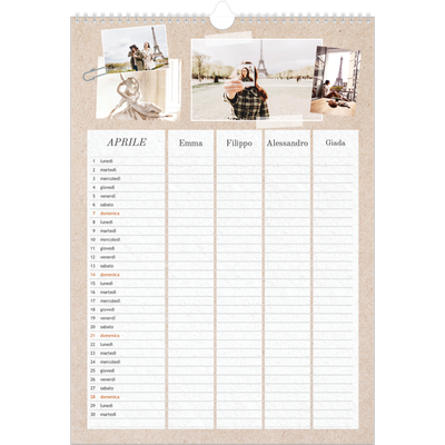Calendario famiglia A3 verticale — Calendario naturale artigianale - Famiglia di 4 [Aprile]