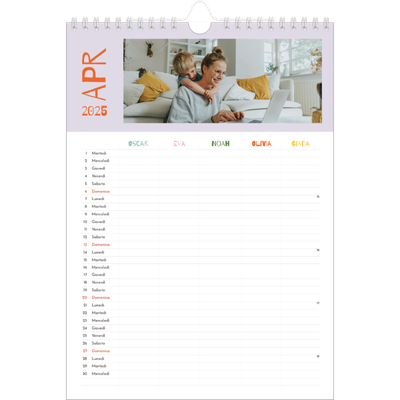 Calendario famiglia A4 verticale — Calendario divertente e colorato - Famiglia di 5 [Aprile]